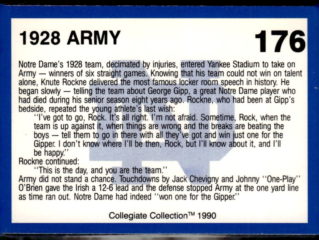 1990 Collegiate Collection Notre Dame 1928 Army #176