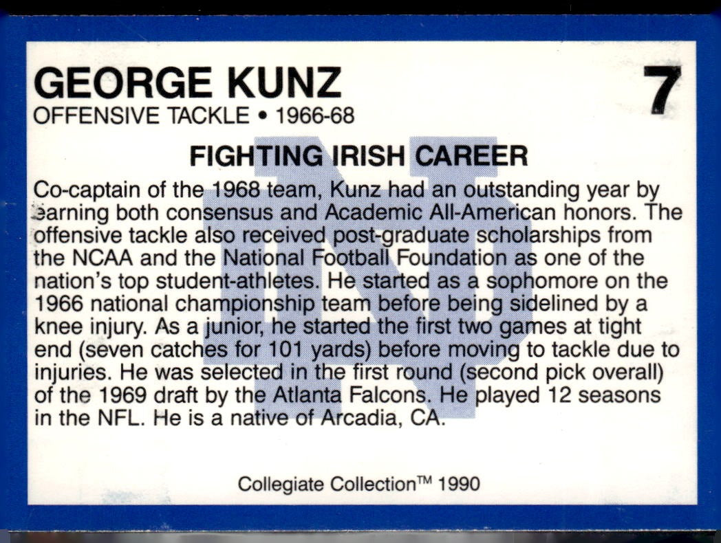 1990 Collegiate Collection Notre Dame George Kunz #7