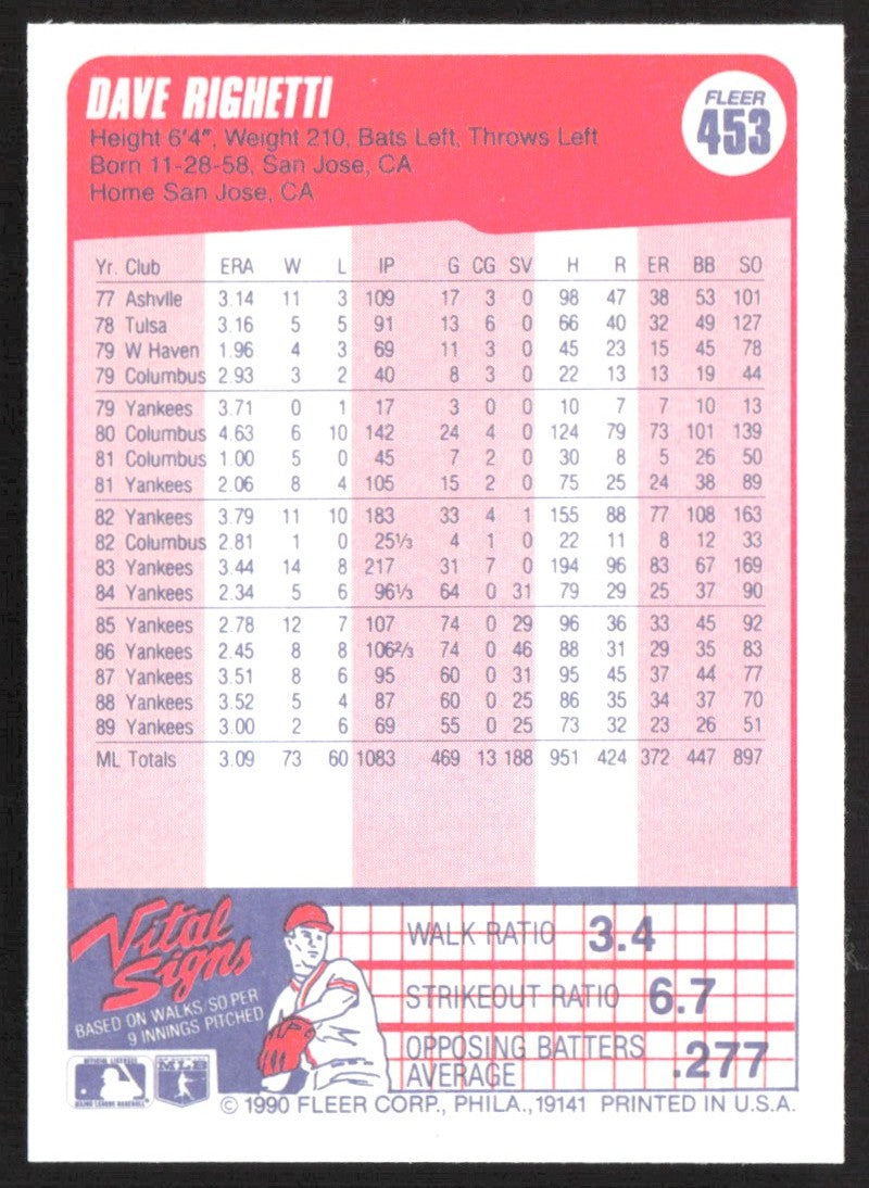 1990 Fleer 453 Dave Righetti