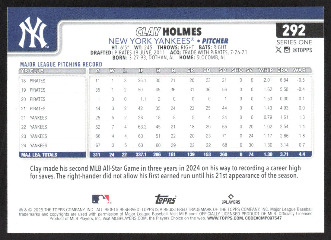 2025 Topps 292 Clay Holmes