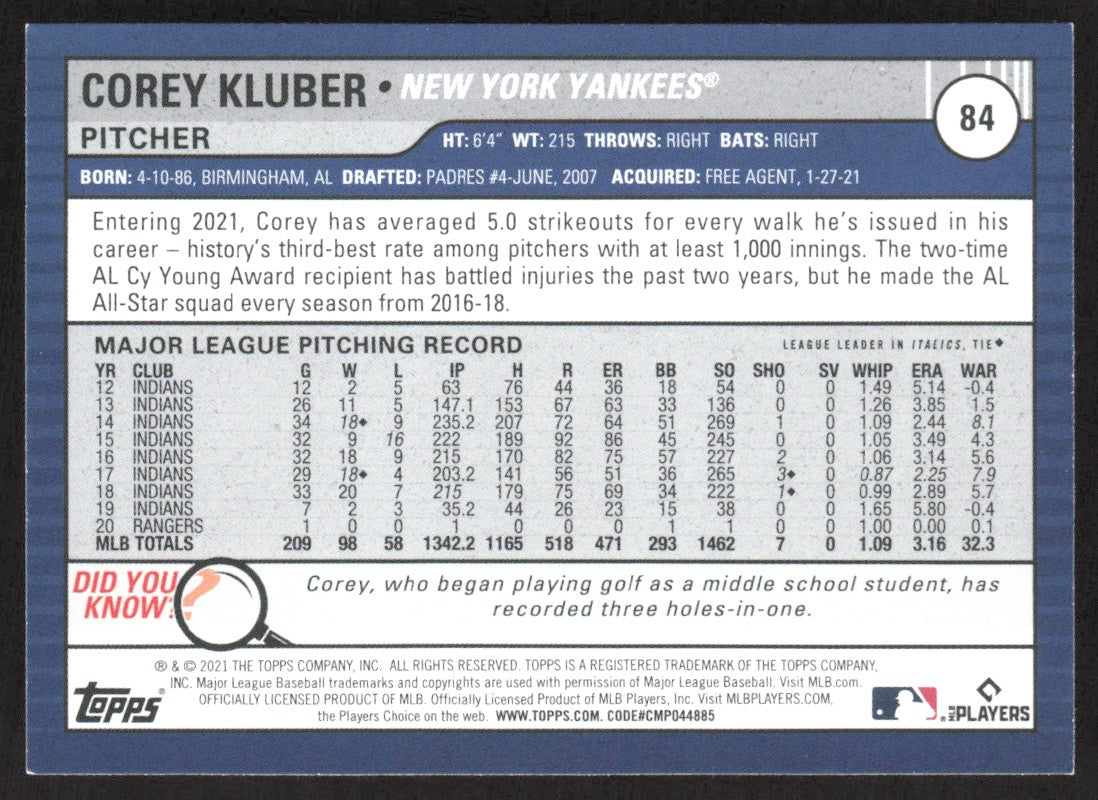 2021 Topps Big League Orange 84 Corey Kluber
