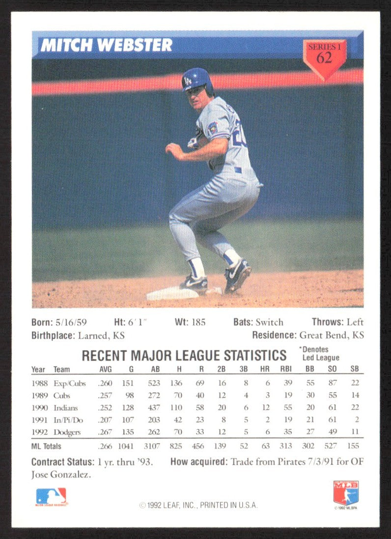1993 Donruss 62 Mitch Webster