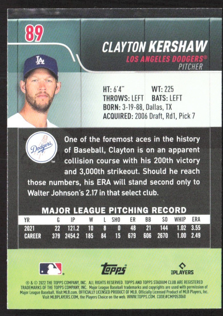 2022 Stadium Club 89 Clayton Kershaw