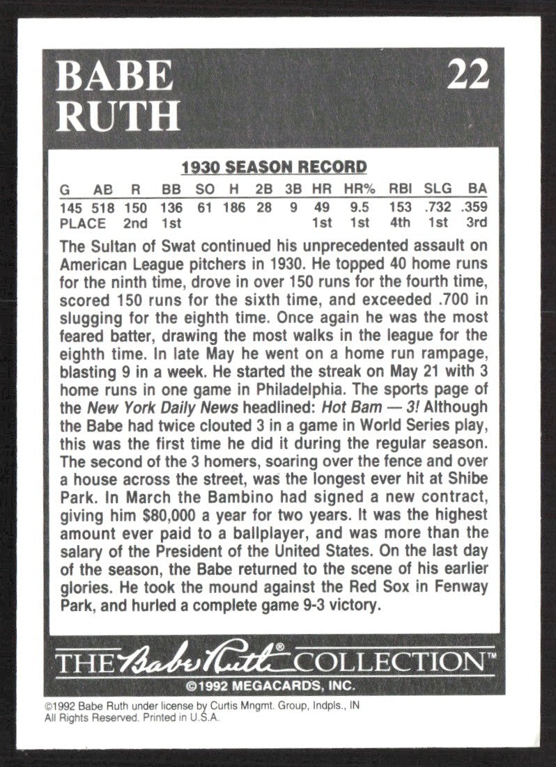 1992 Megacards Babe Ruth 22 Babe Ruth