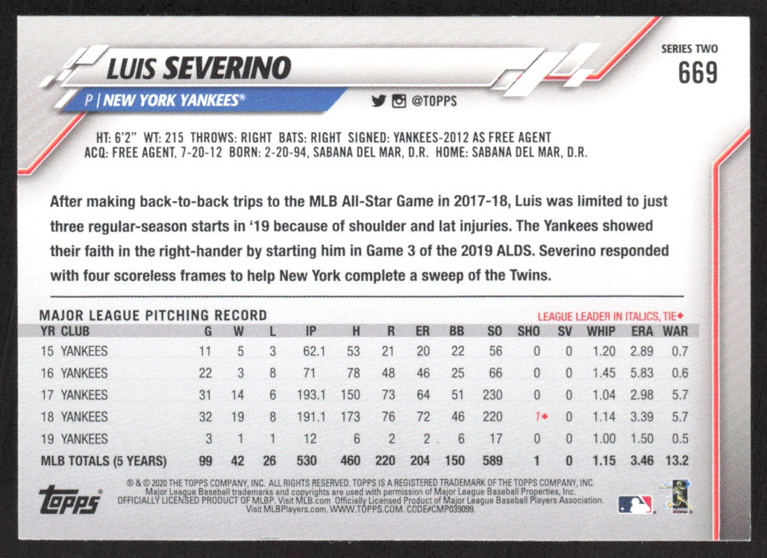 2020 Topps 669 Luis Severino