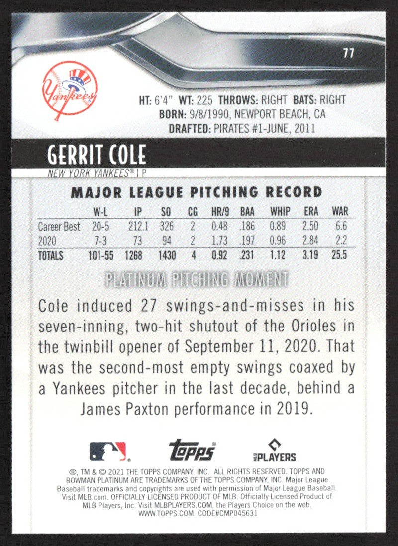 2021 Bowman Platinum 77 Gerrit Cole