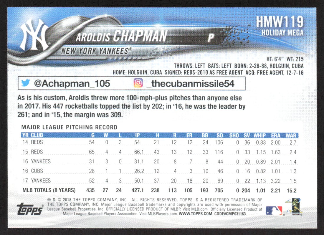 2018 Topps Holiday HMW119 Aroldis Chapman