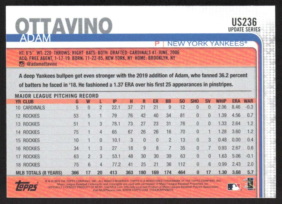 2019 Topps Update 150th Anniversary US236 Adam Ottavino