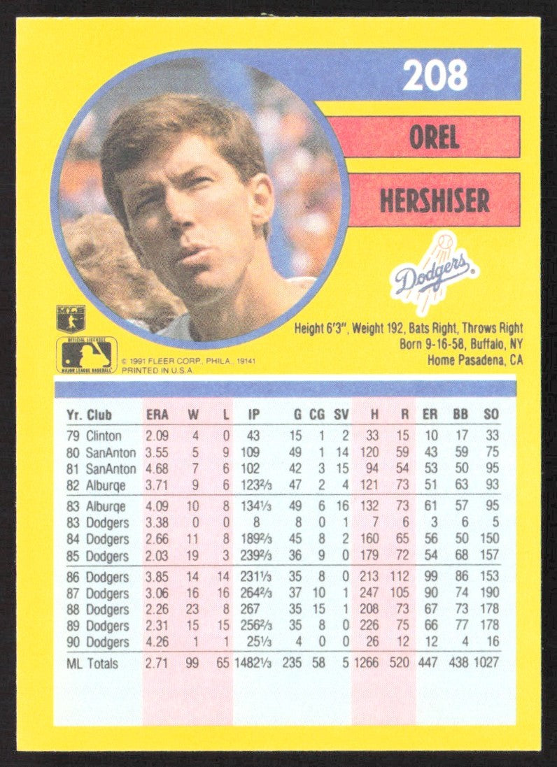 1991 Fleer 208 Orel Hershiser