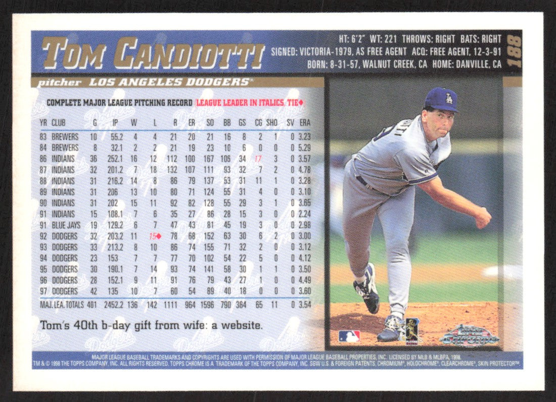 1998 Topps Chrome 188 Tom Candiotti