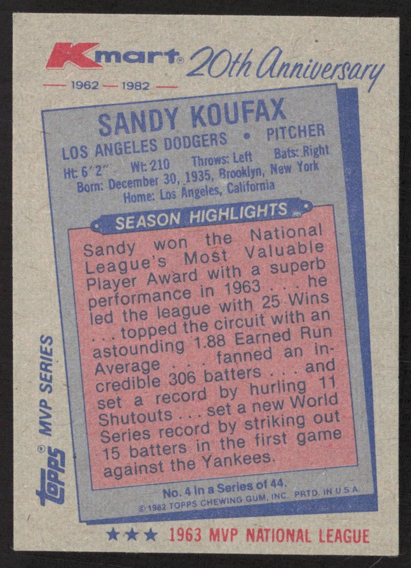 1982 Topps Kmart 20th Anniversary 4 Sandy Koufax