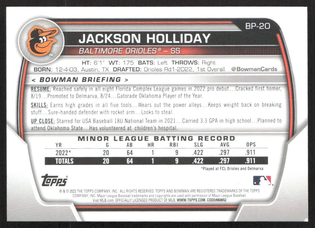 2023 Bowman Prospects BP-20 Jackson Holliday
