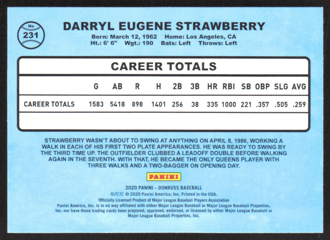 2020 Donruss Holo Blue 231 Darryl Strawberry