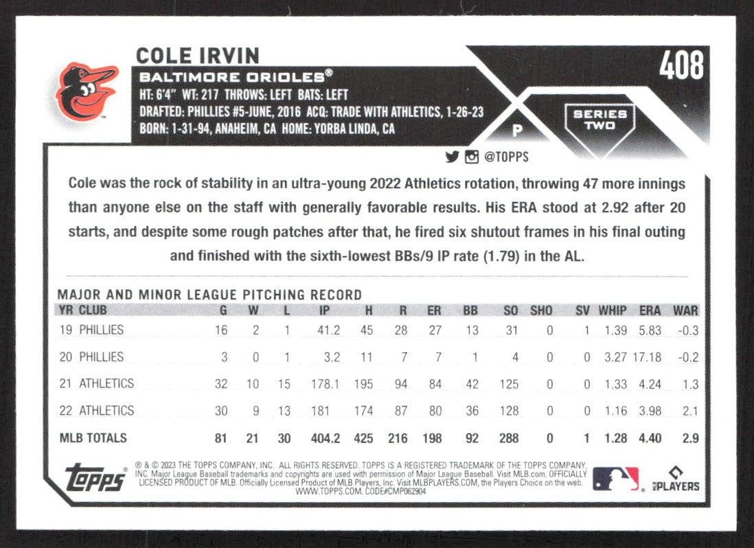 2023 Topps 408 Cole Irvin