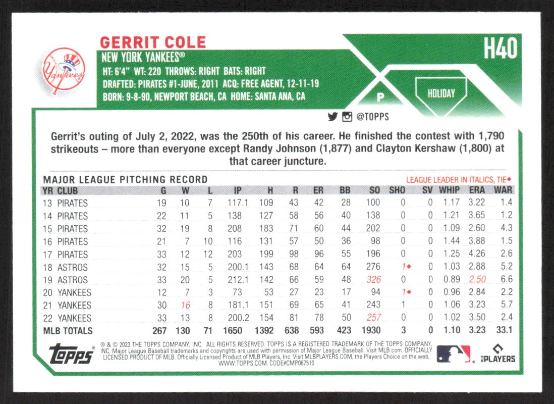 2023 Topps Holiday H40 Gerrit Cole