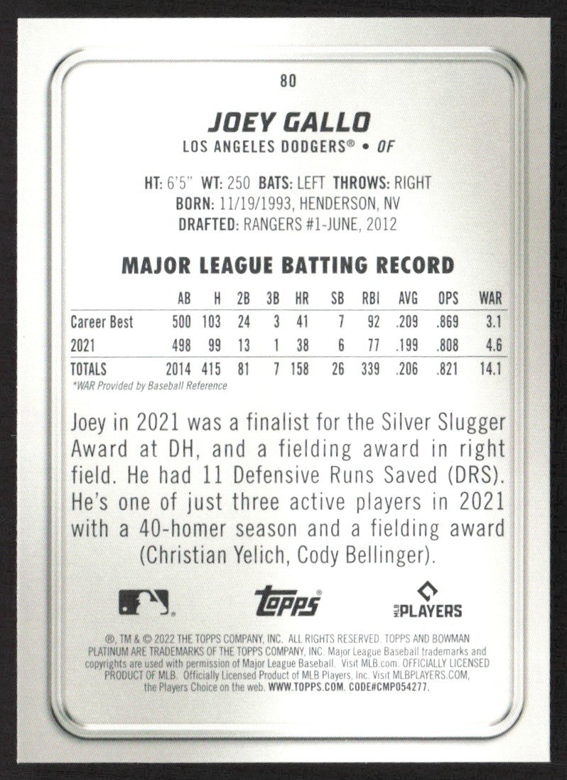 2022 Bowman Platinum 80 Joey Gallo