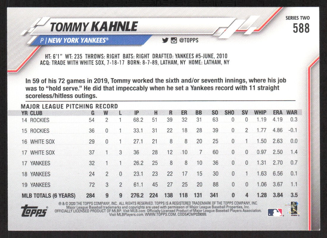 2020 Topps 588 Tommy Kahnle