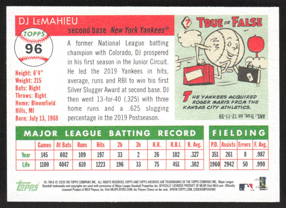 2020 Topps Archives 96 DJ LeMahieu