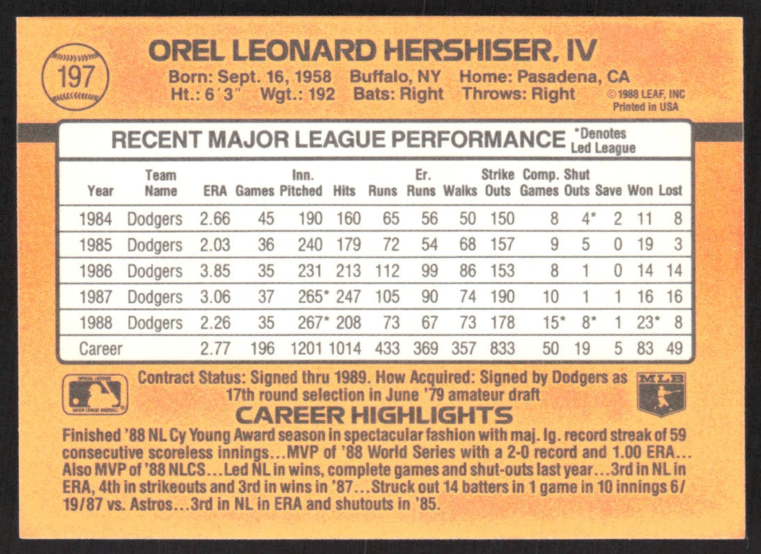 1989 Donruss 197 Orel Hershiser