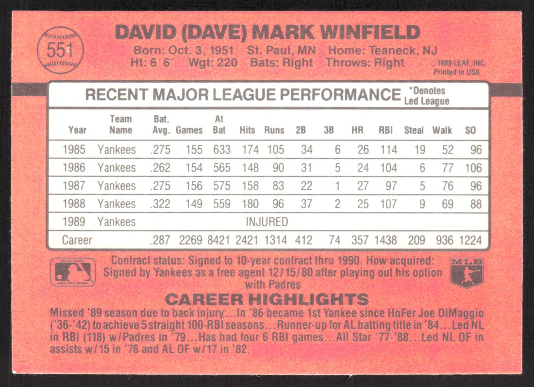 1990 Donruss 551 Dave Winfield