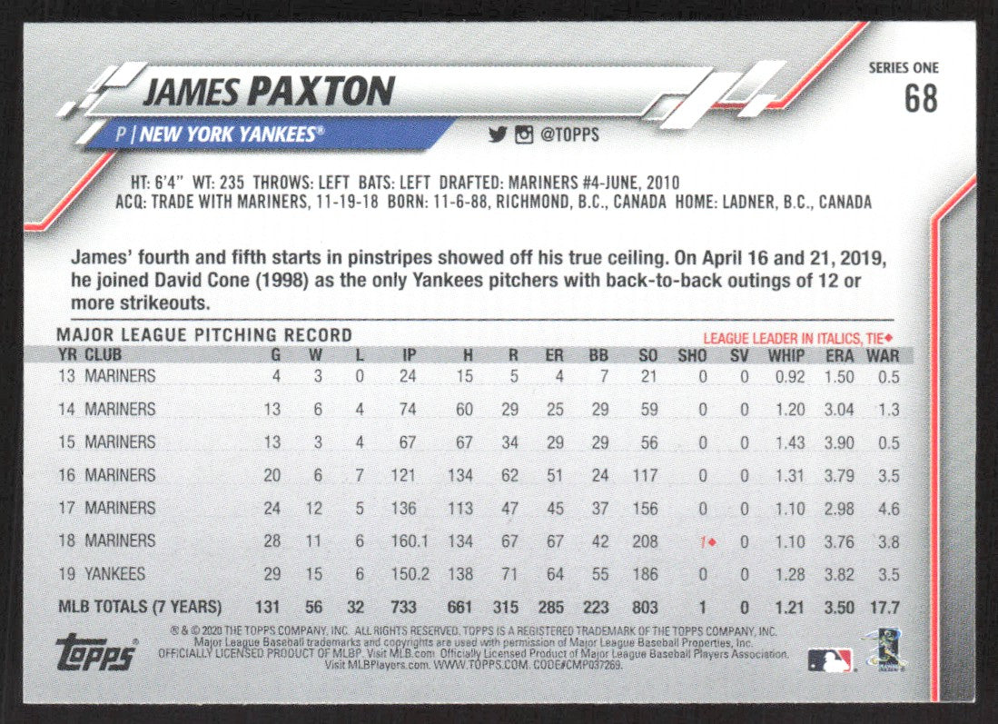 2020 Topps 68 James Paxton