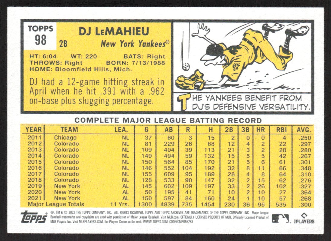 2022 Topps Archives 98 DJ LeMahieu