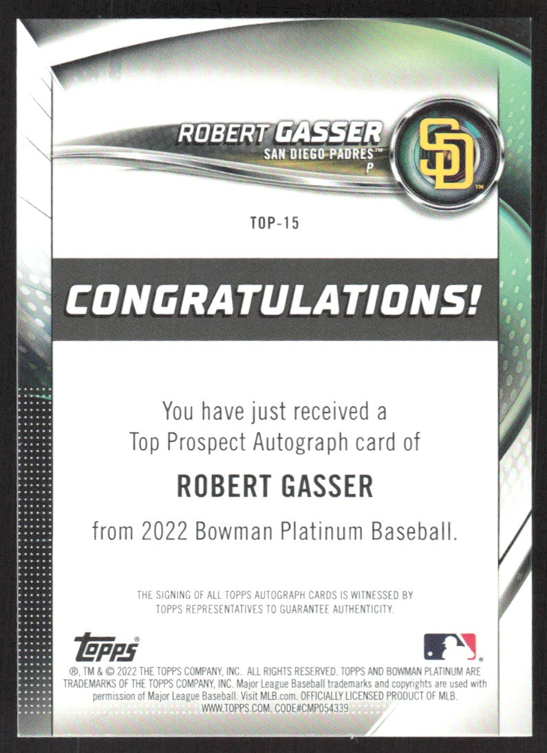 2022 Bowman Platinum #TOP-15 Robert Gasser Top Prospect Autograph