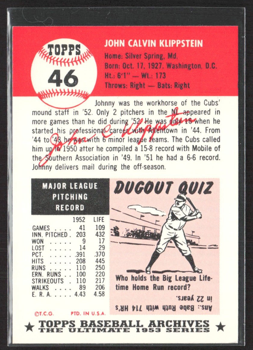 1991 Topps Archives 1953 Johnny Klippstein #46