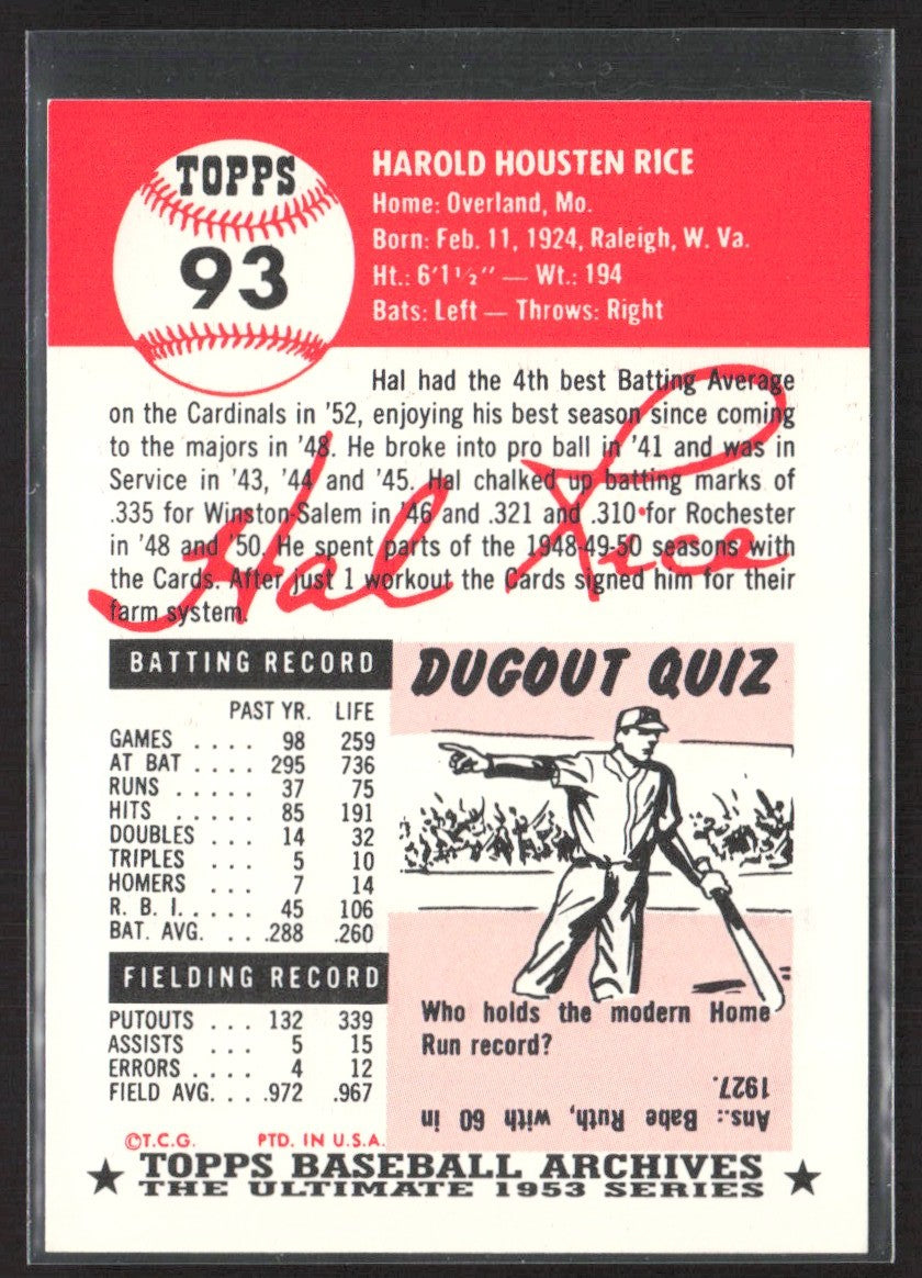 1991 Topps Archives 1953 Hal Rice #93