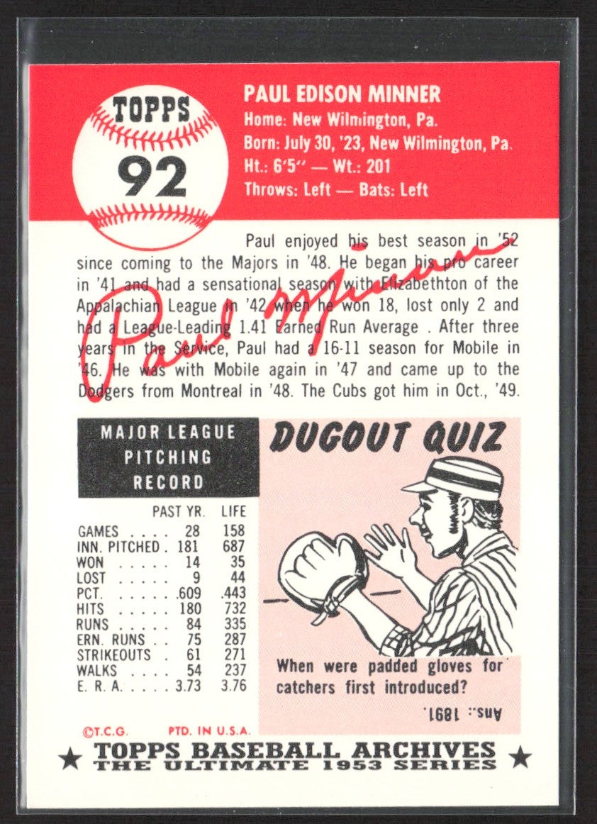 1991 Topps Archives 1953 Paul Minner #92