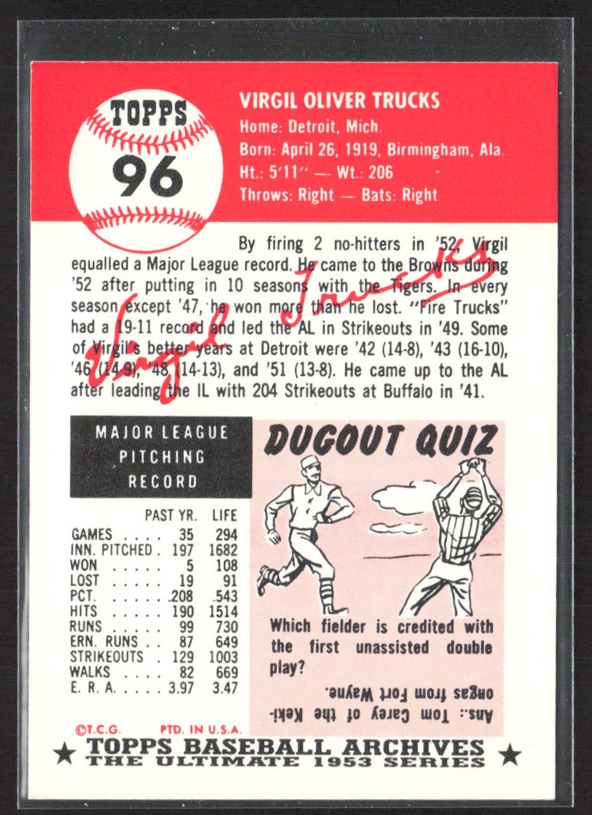 1991 Topps Archives 1953 Virgil Trucks #96