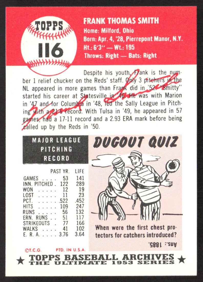 1991 Topps Archives 1953 #116 Frank Smith