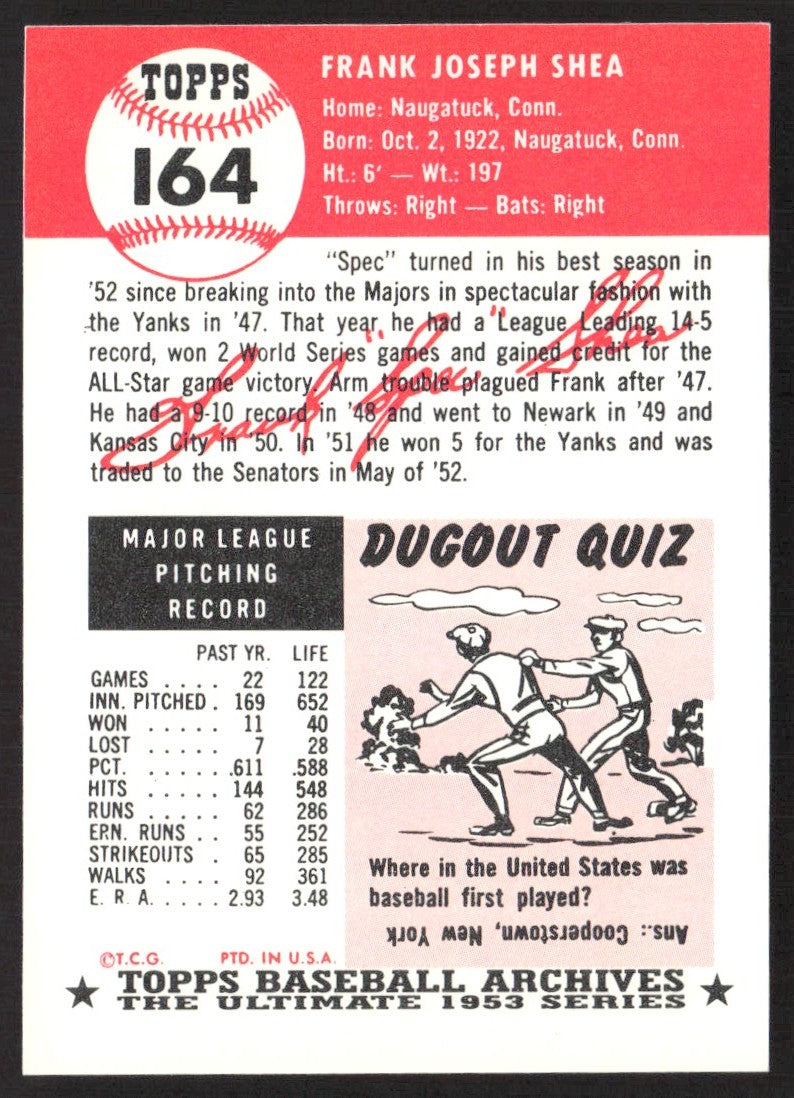 1991 Topps Archives 1953 #164 Frank Shea
