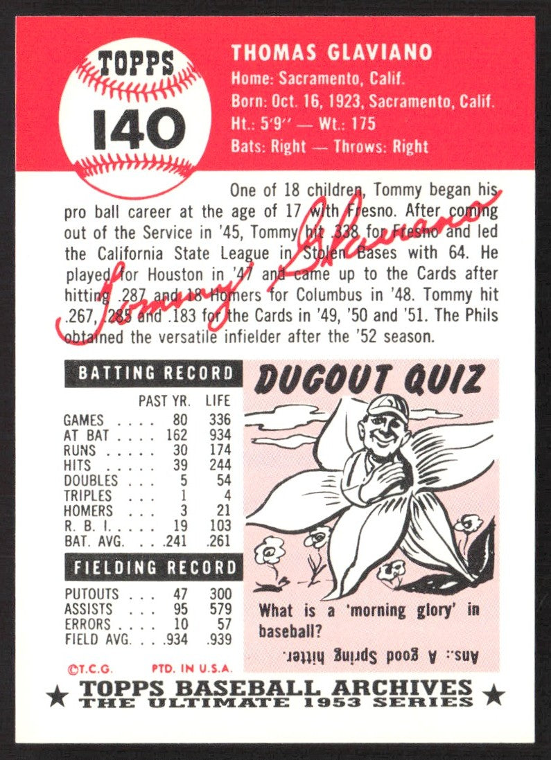 1991 Topps Archives 1953 #140 Tommy Glaviano