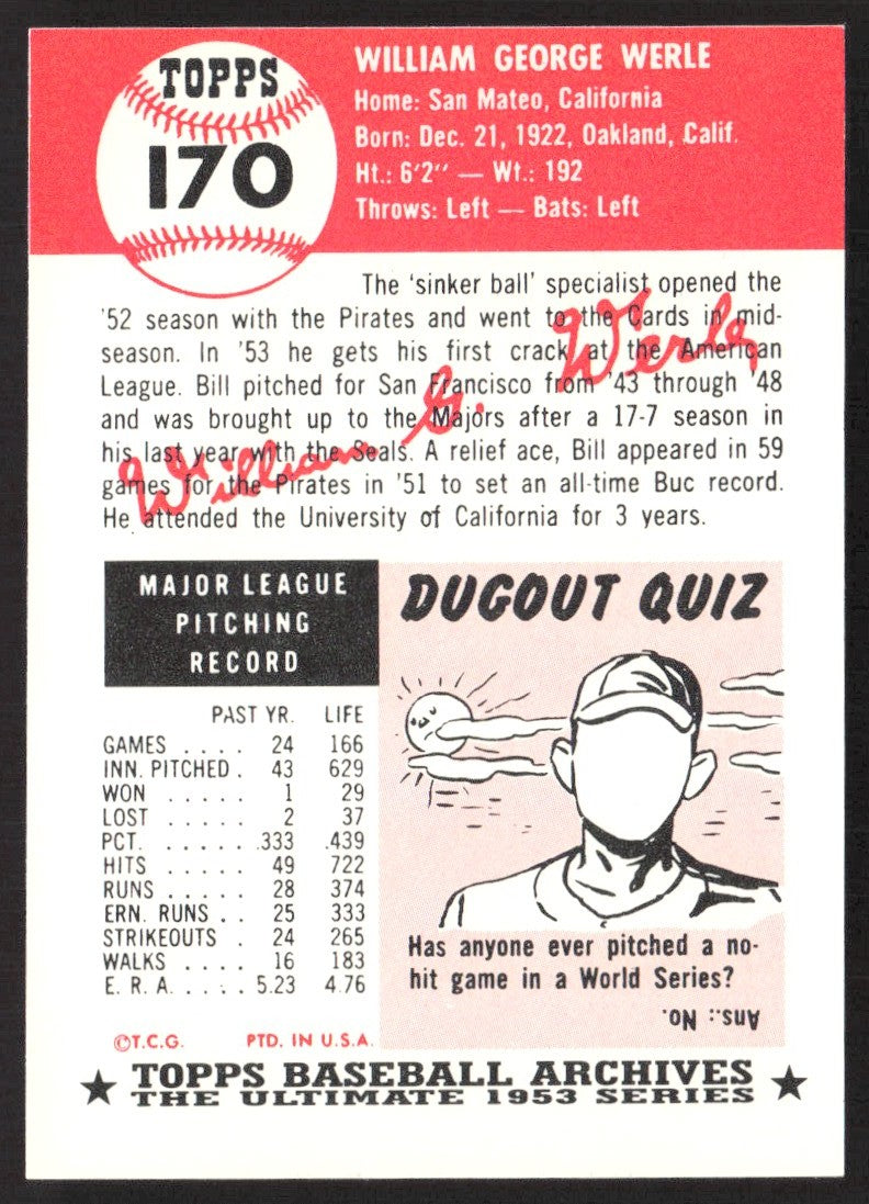 1991 Topps Archives 1953 #170 Bill Werle