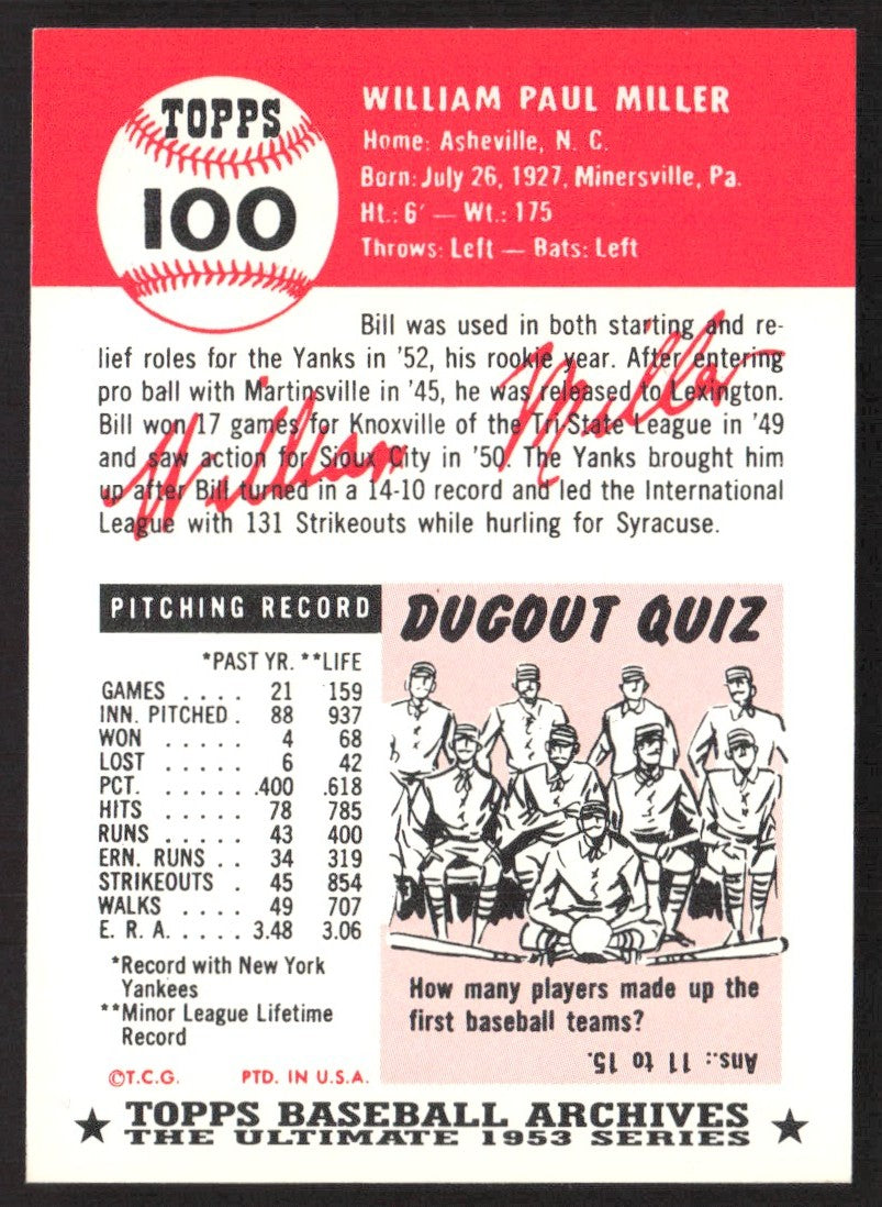 1991 Topps Archives 1953 #100 Bill Miller