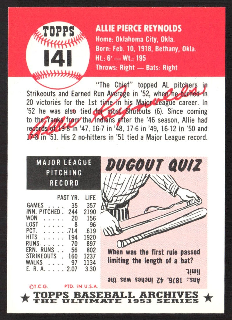 1991 Topps Archives 1953 #141 Allie Reynolds