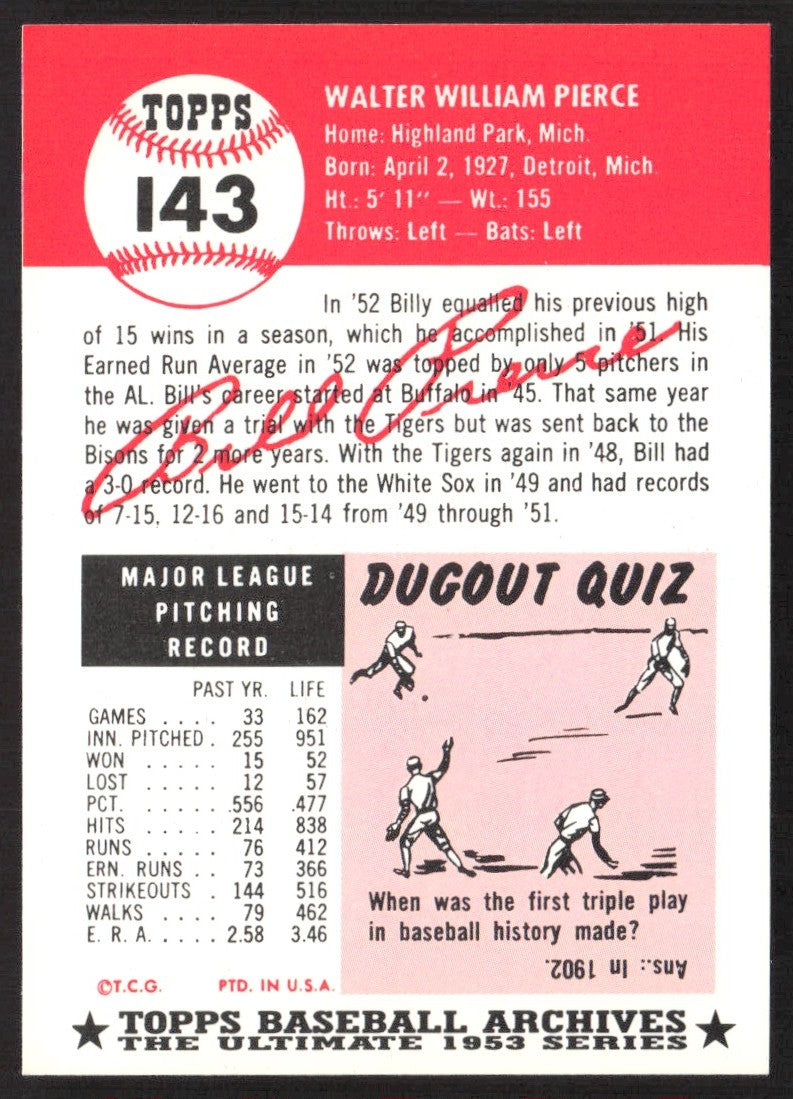 1991 Topps Archives 1953 #143 Billy Pierce