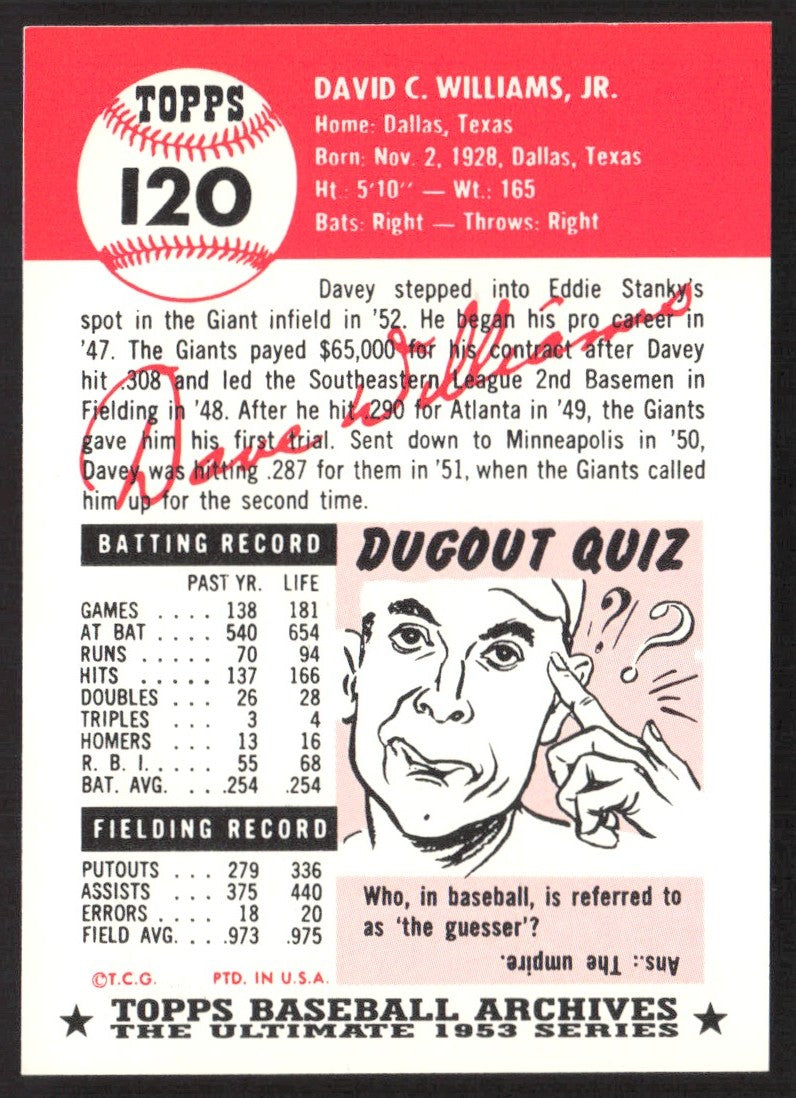 1991 Topps Archives 1953 #120 Davey Williams