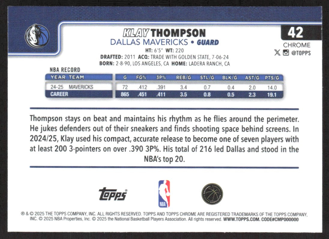 2025-26 Topps Chrome Klay Thompson #42