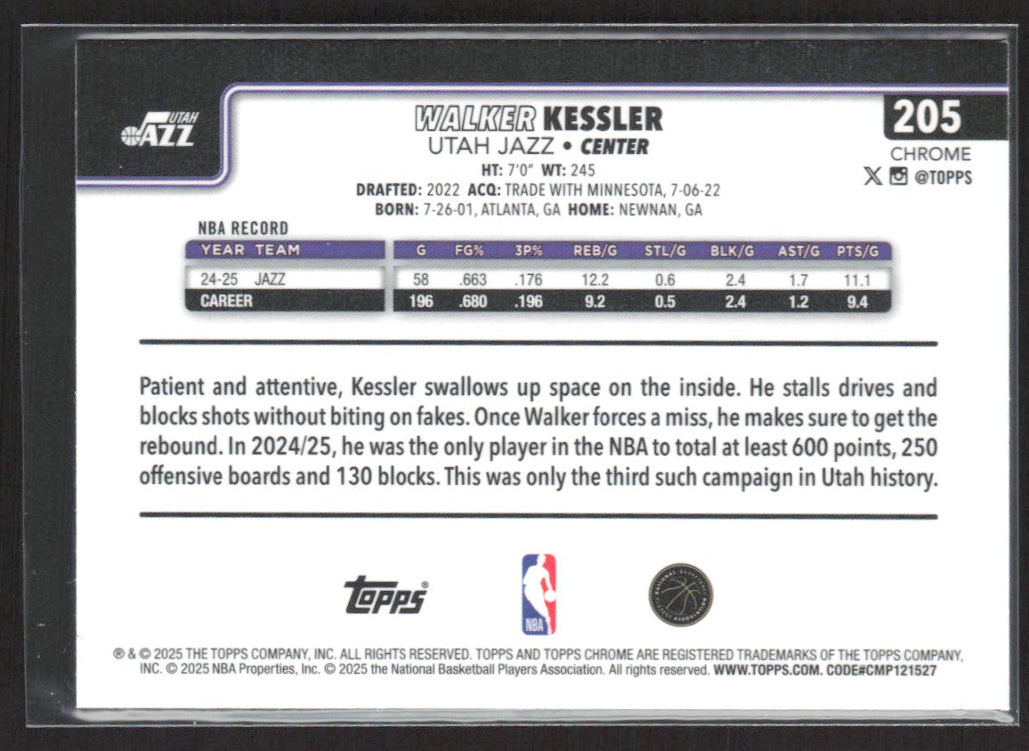 2025-26 Topps Chrome Walker Kessler Refractor #205