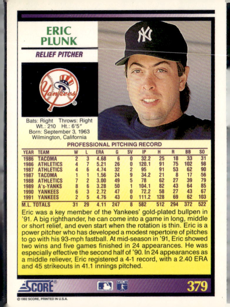 1992 Score #379 Eric Plunk