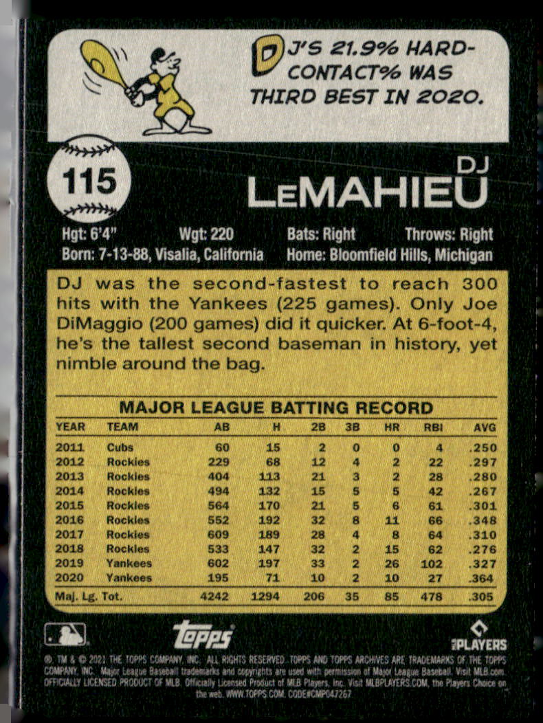2021 Topps Archives #115 DJ LeMahieu