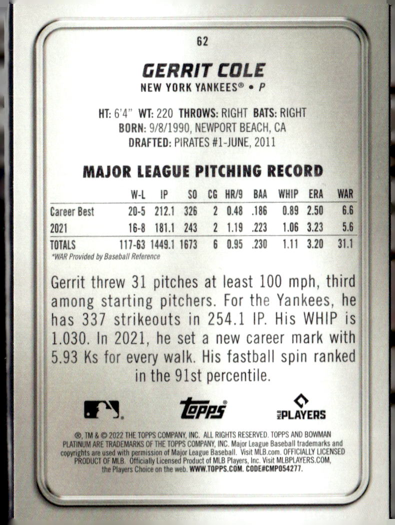 2022 Bowman Platinum #62 Gerrit Cole