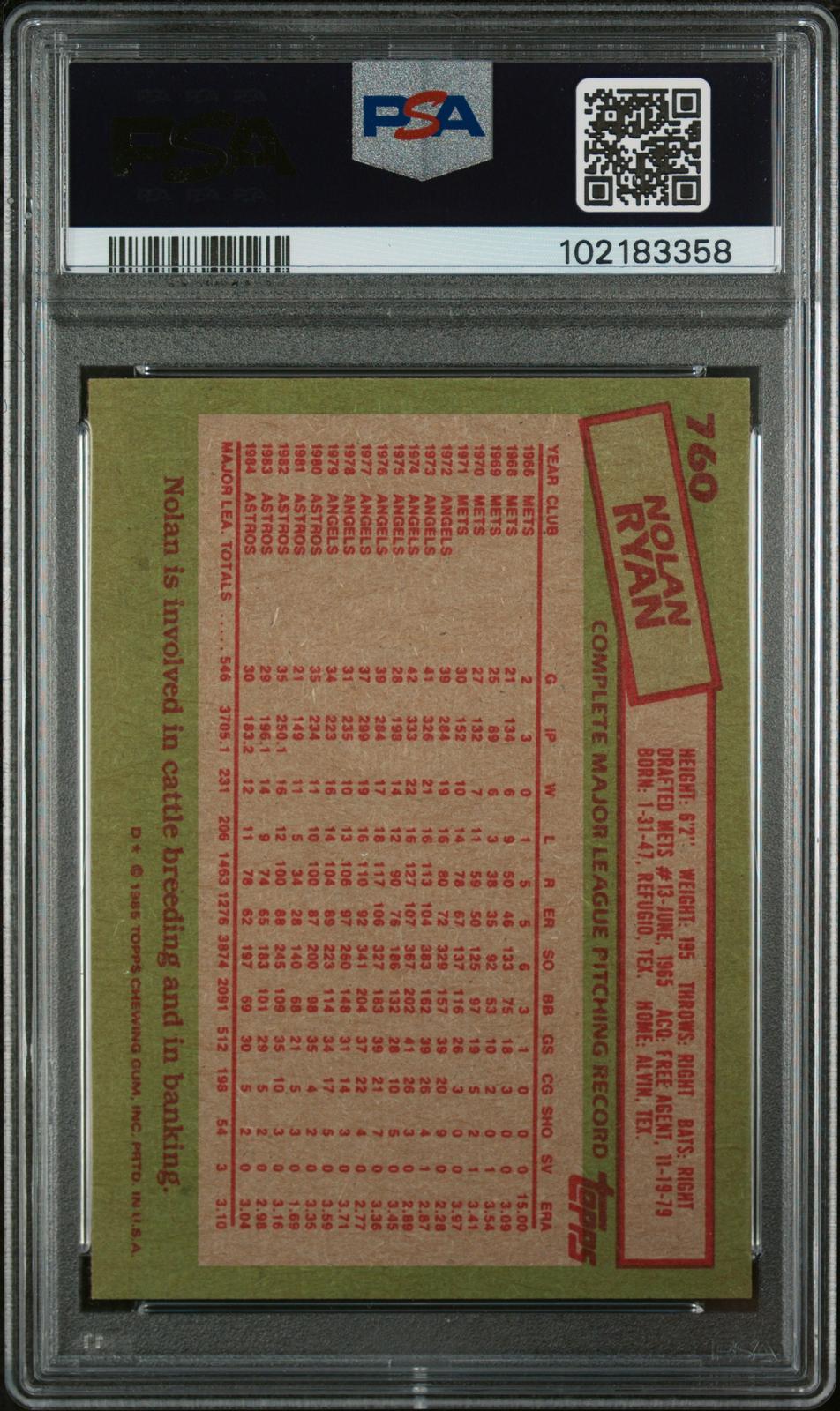 1985 Topps #760 Nolan Ryan PSA 8