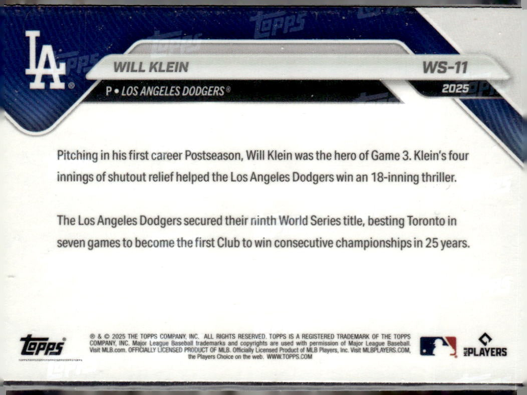 2025 Topps Now World Series Champions Los Angeles Dodgers Will Klein #WS-11