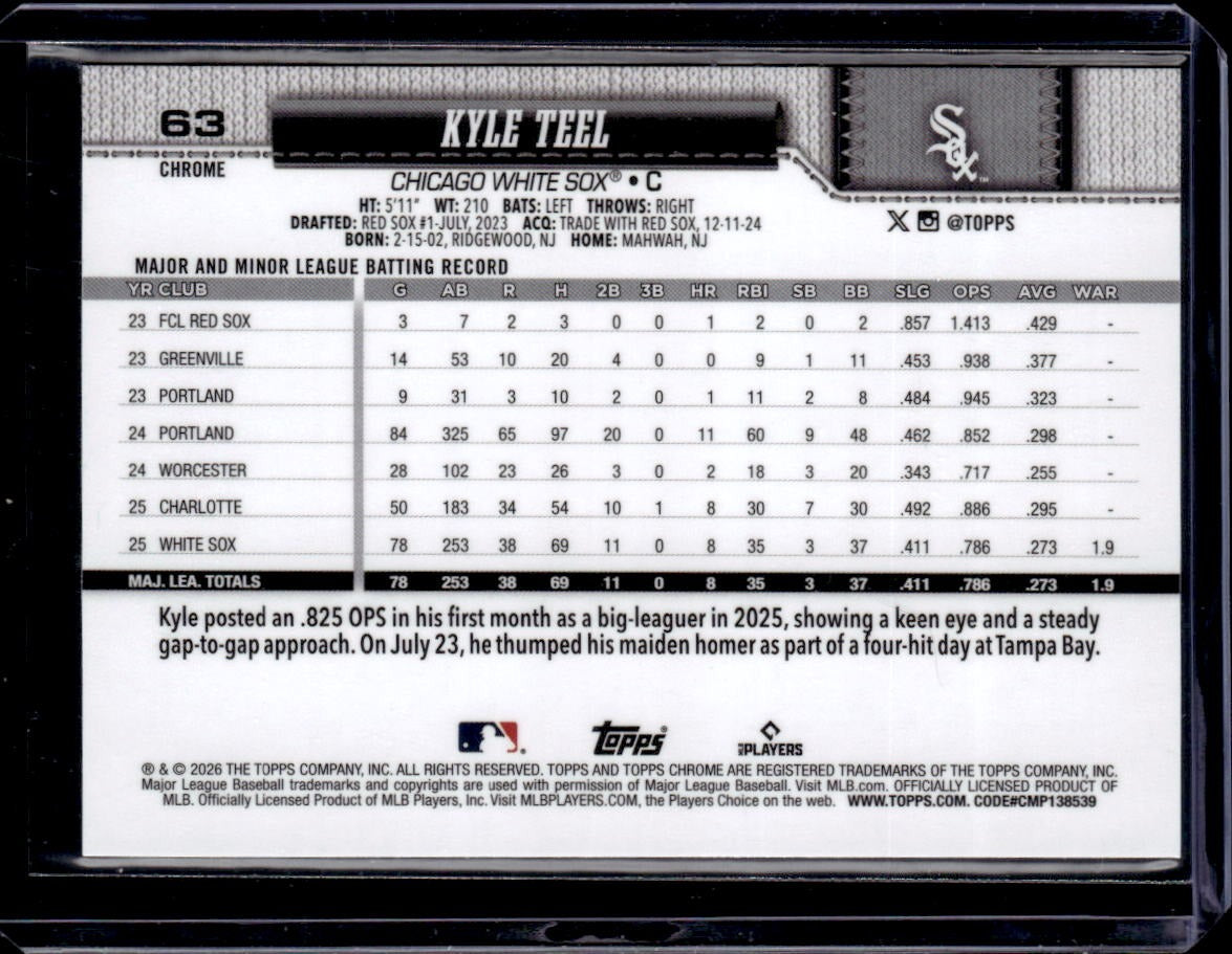 2026 Topps Chrome Logofractor Edition Kyle Teel Blue Refractor #63 #/150 SN, RC
