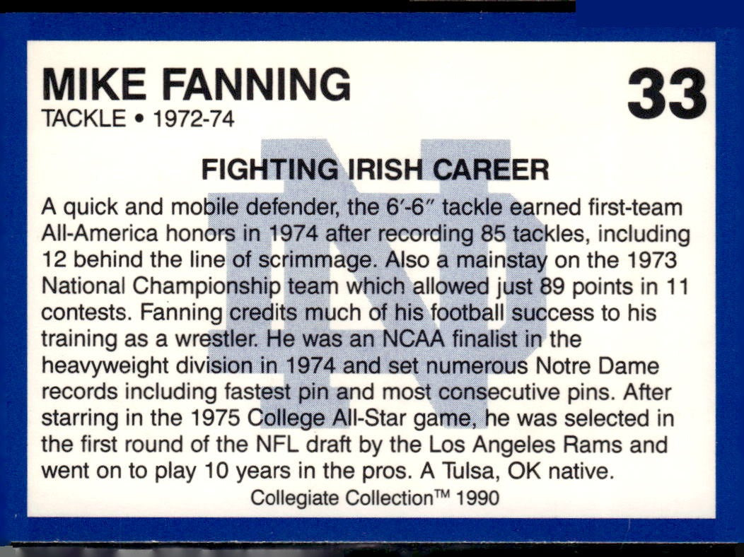1990 Collegiate Collection Notre Dame Mike Fanning #33