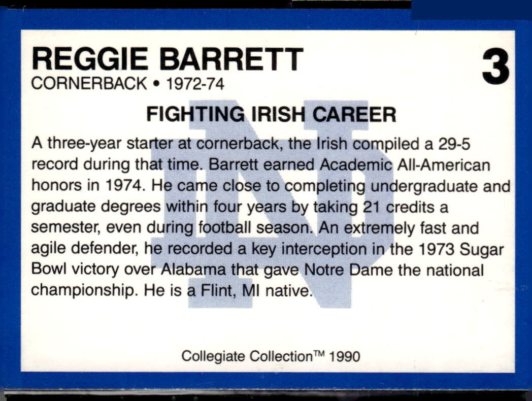 1990 Collegiate Collection Notre Dame Reggie Barrett #3