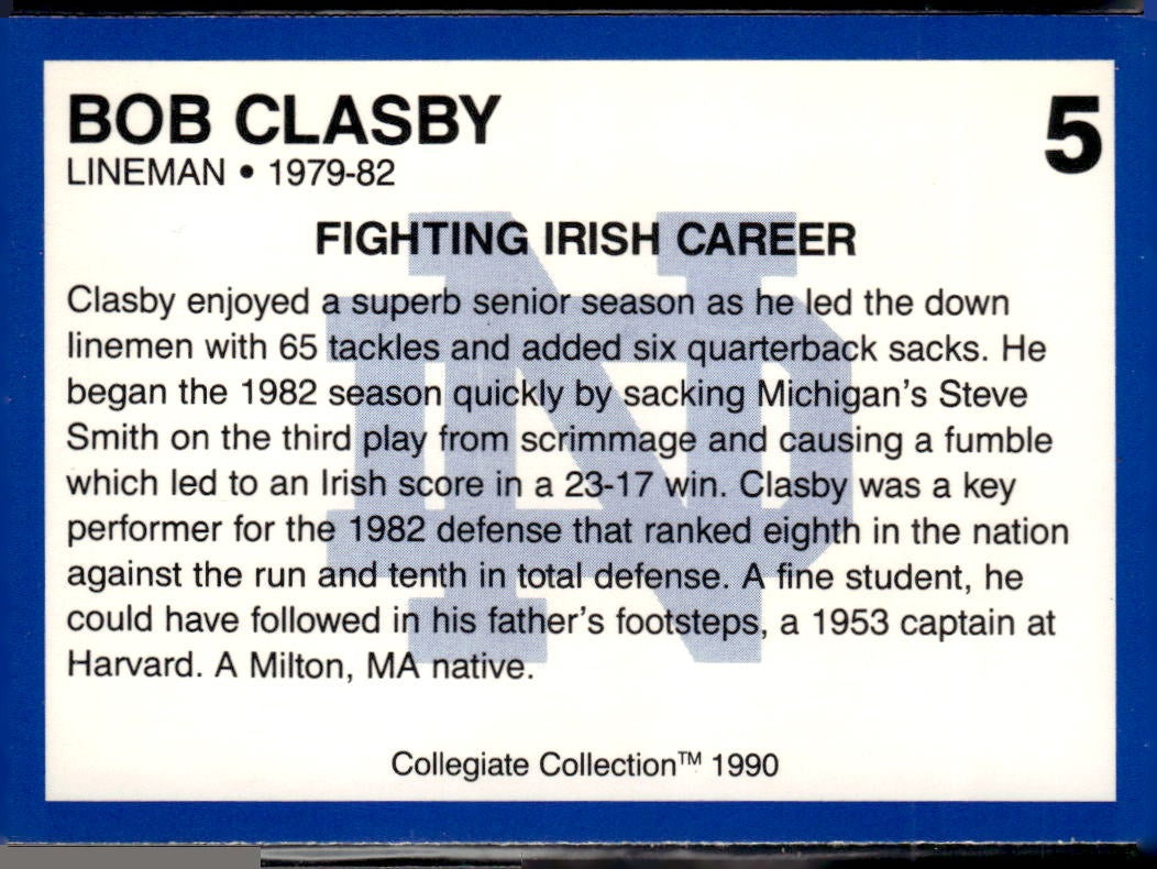 1990 Collegiate Collection Notre Dame Bob Clasby #5